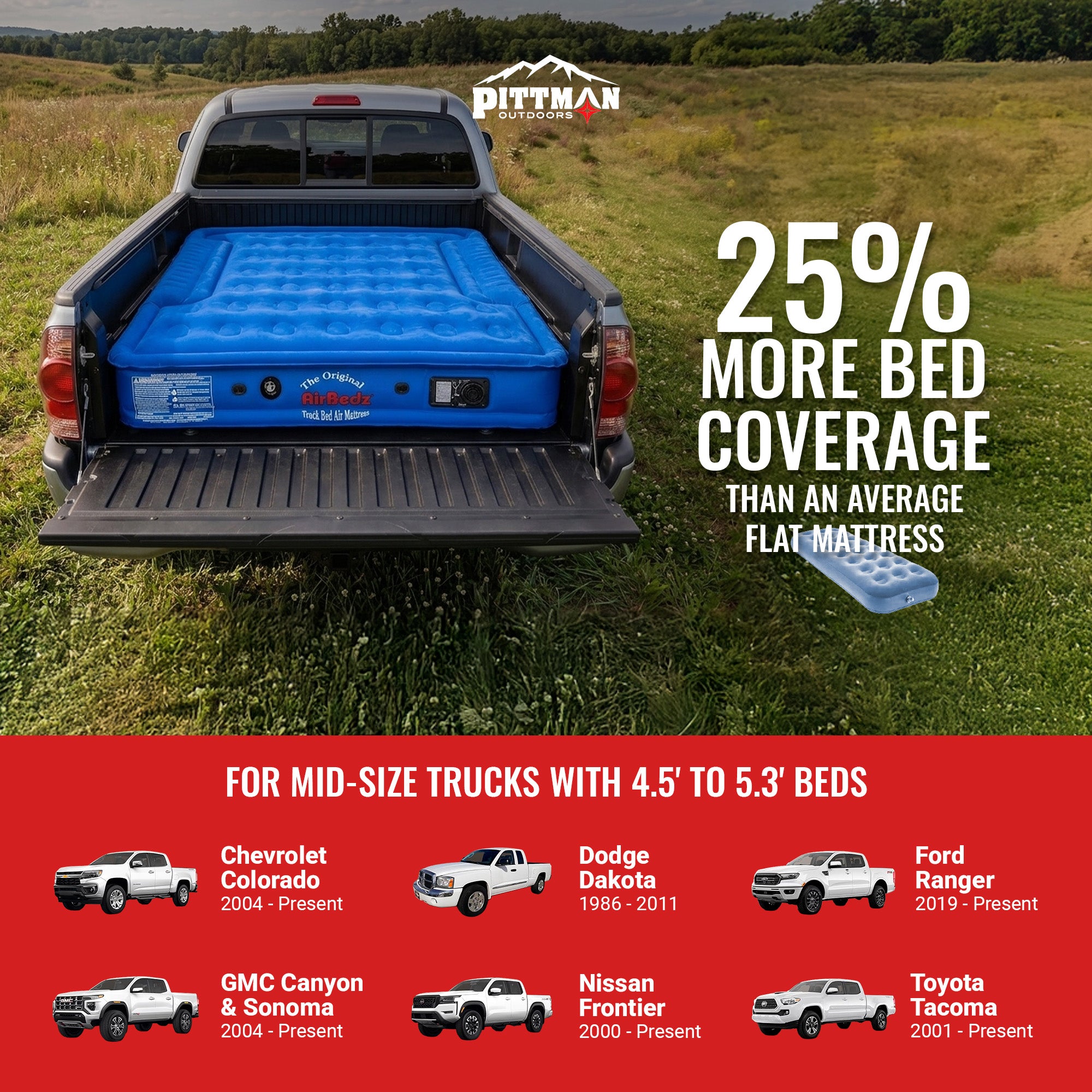 Pittman Outdoors Truck Bed Air Mattress with Pump for Short Truck Beds, 5', Blue