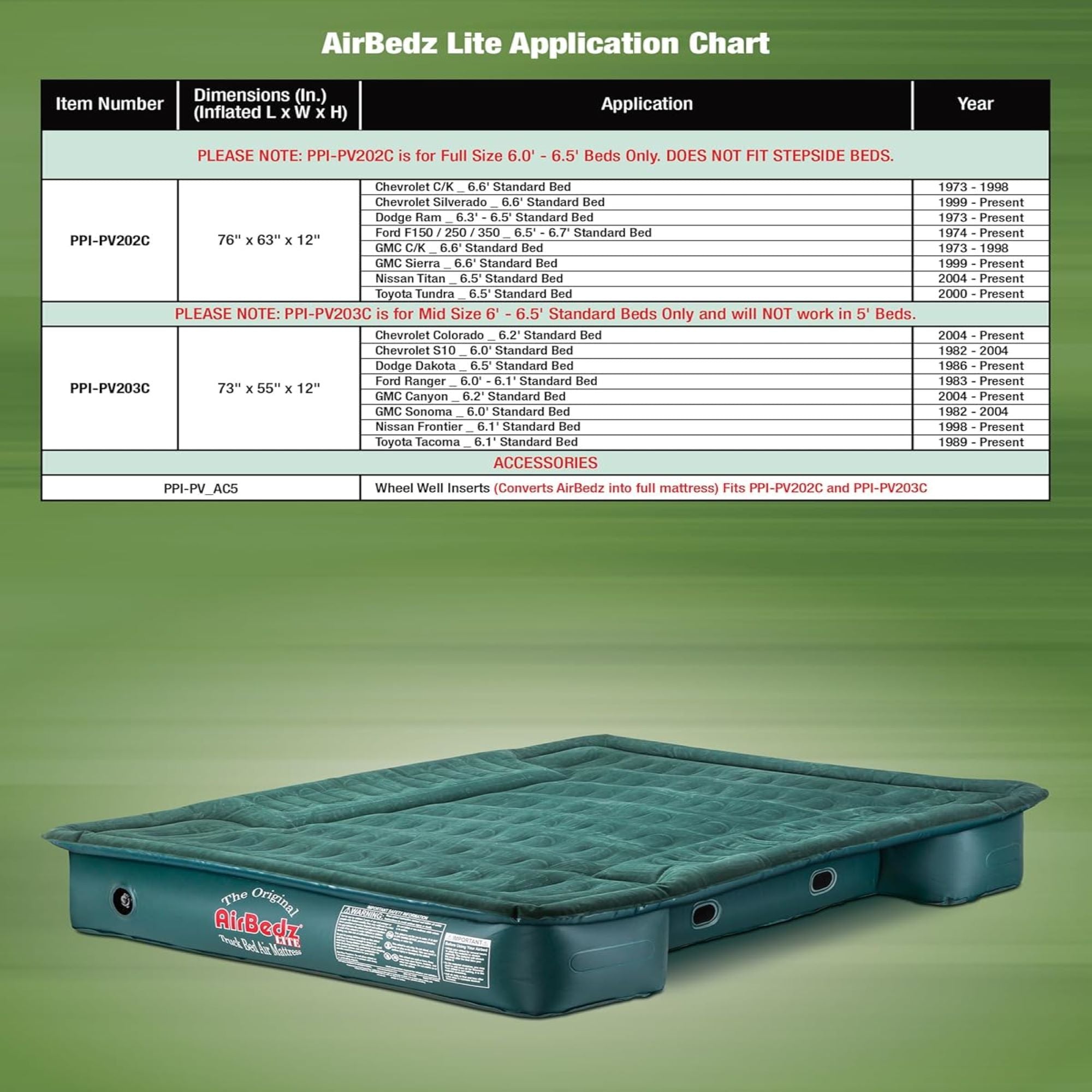 Pittman Outdoors Lightweight Truck Airbed & Pump for Mid-Size Standard Beds, 6' - VMInnovations
