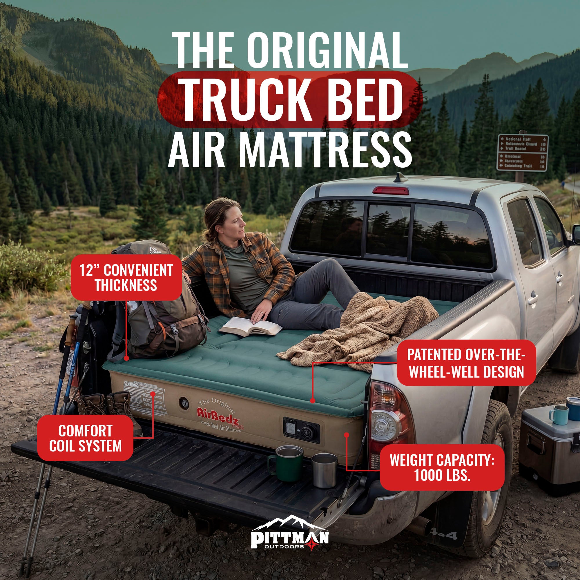 Pittman Outdoors Truck Bed Air Mattress w Pump for Long Truck Beds, (Open Box)