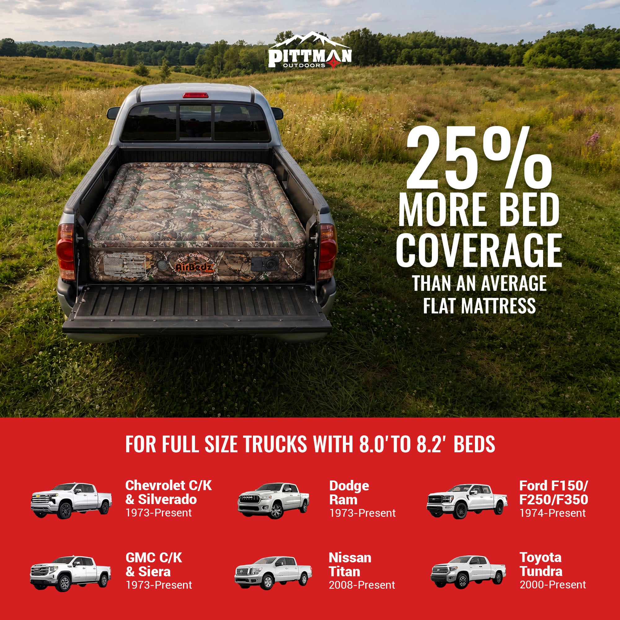 Pittman Outdoors Truck Bed Air Mattress with Pump for Long Truck Beds, 8', Camo