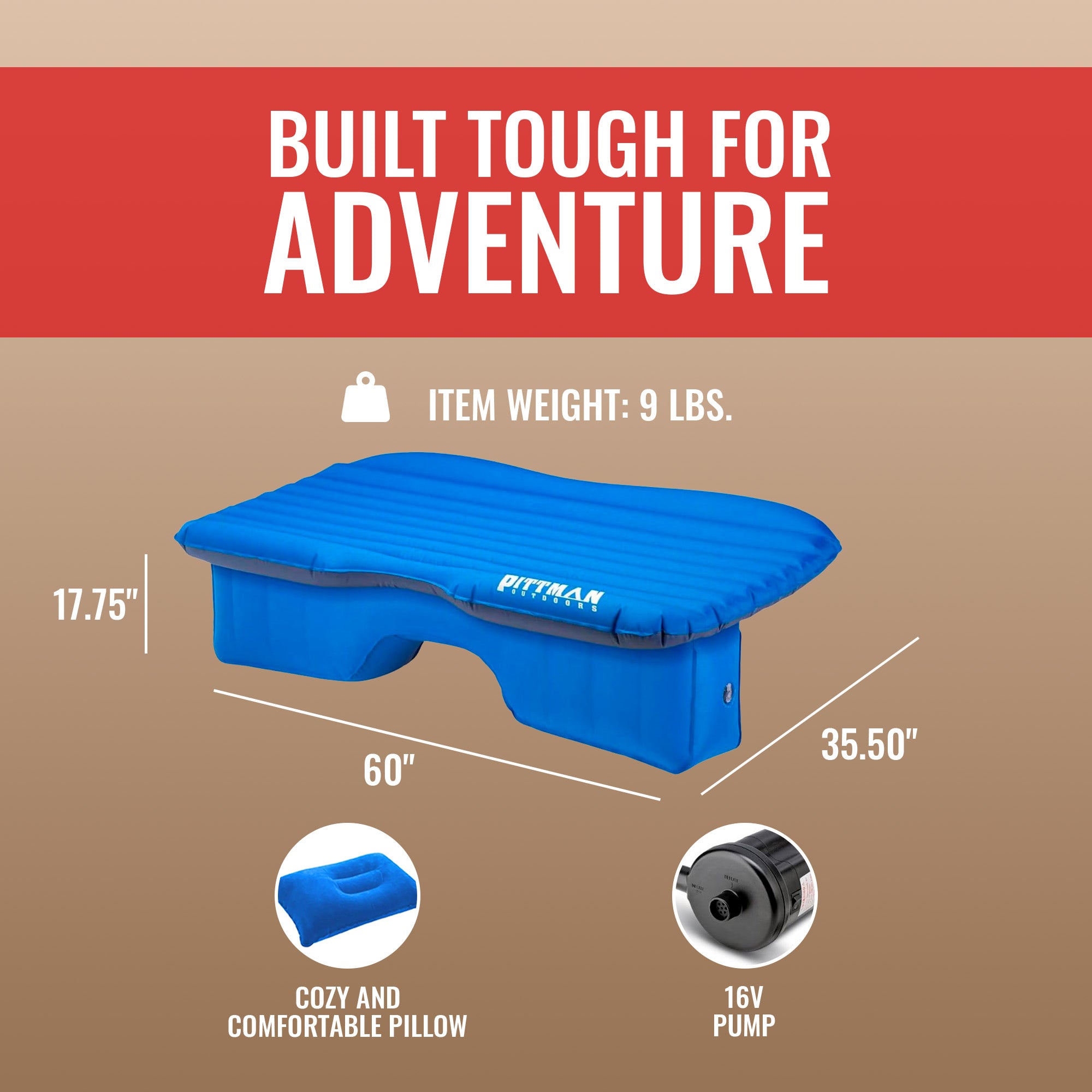 Pittman Outdoors Backseat Air Mattress, 60” Airbed for Full-Size Vehicles, Blue