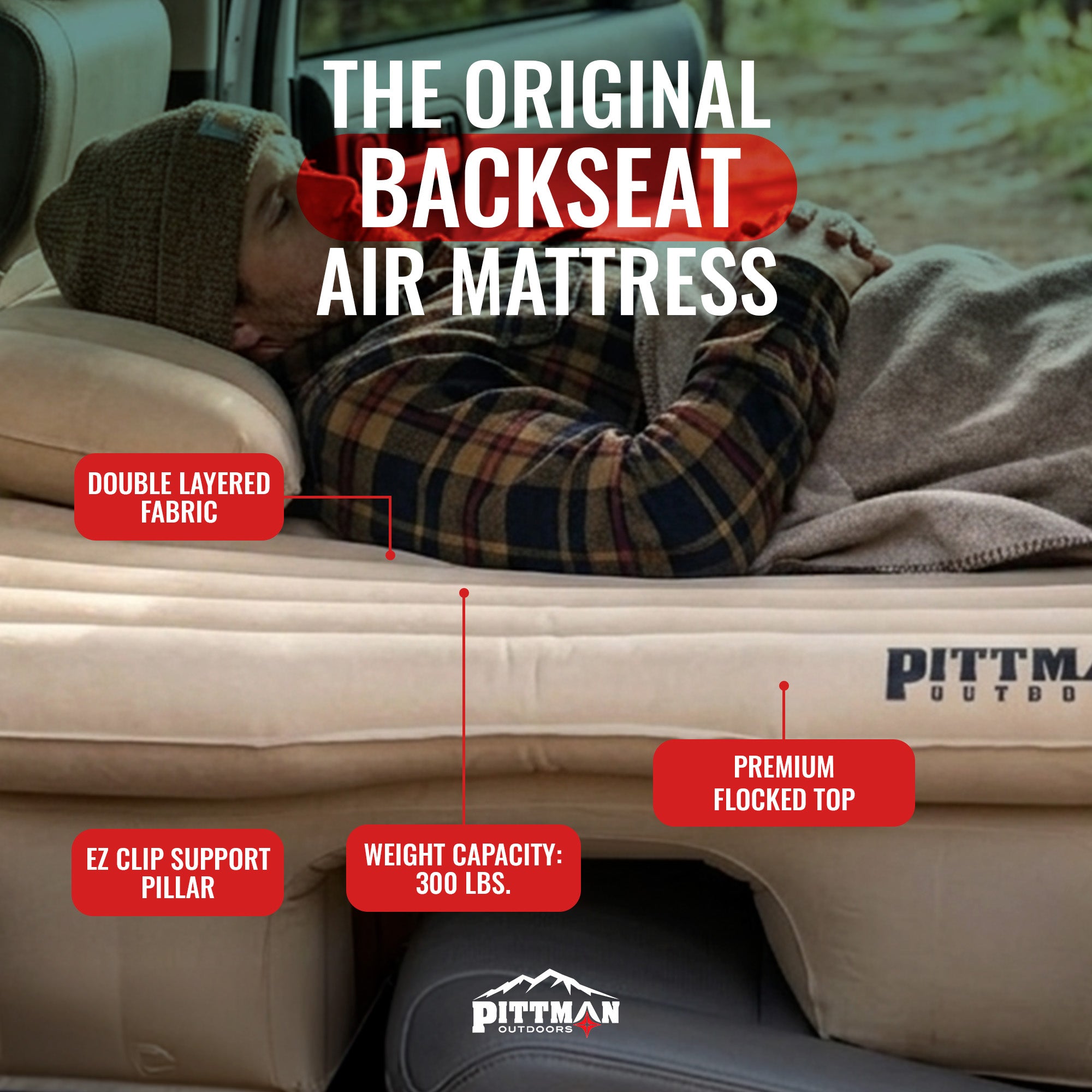 Pittman Outdoors Backseat Air Mattress, 60” Airbed for Full-Size Vehicles, Tan