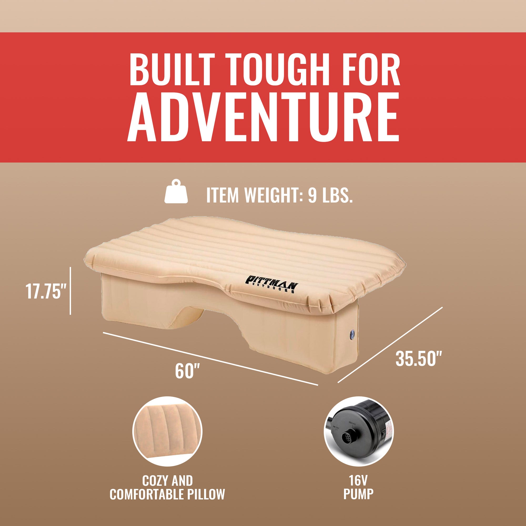 Pittman Outdoors Backseat Air Mattress, 60” Airbed for Full-Size Vehicles, Tan