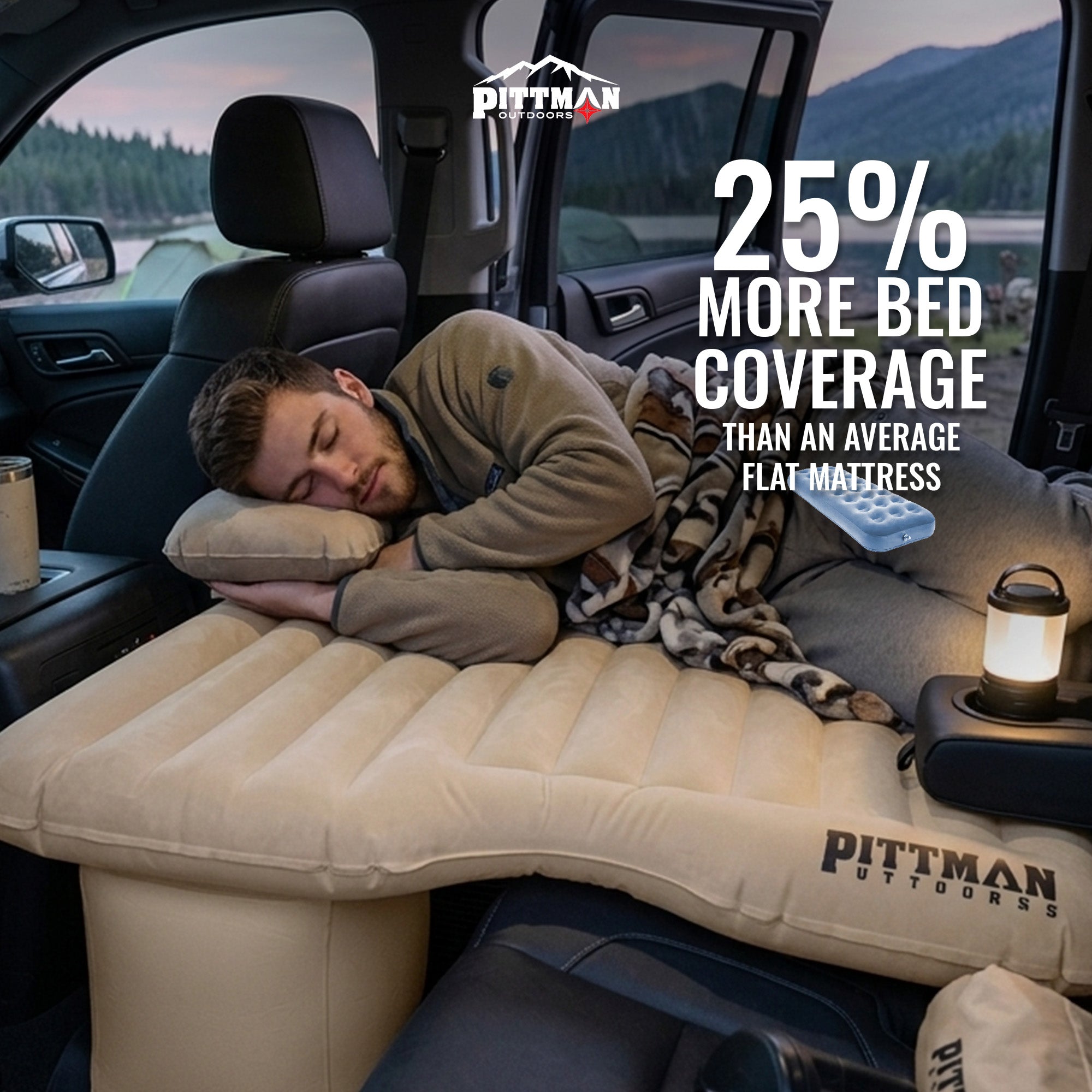 Pittman Outdoors Backseat Air Mattress, 60” Airbed for Full-Size Vehicles, Tan