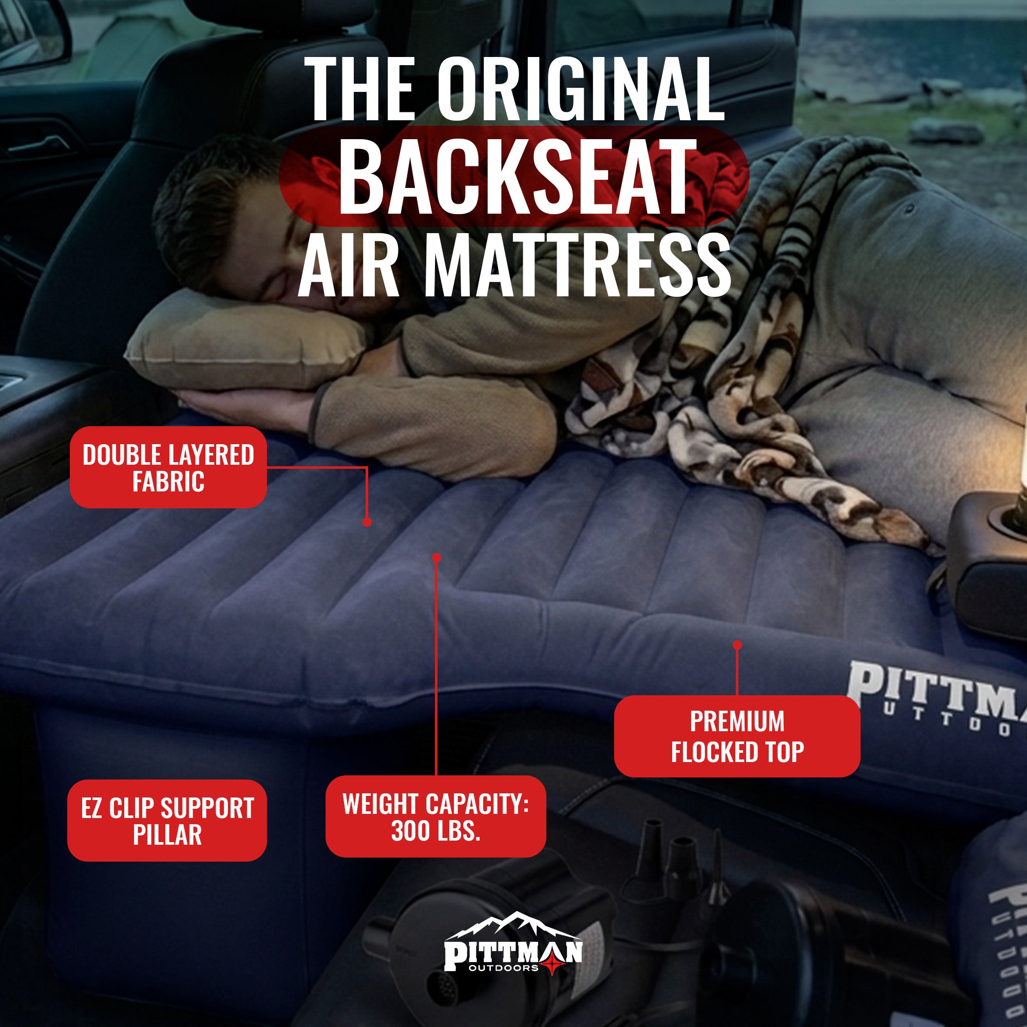 Pittman Outdoors Backseat Air Mattress, 55” Airbed for Mid-Size Vehicles, Black