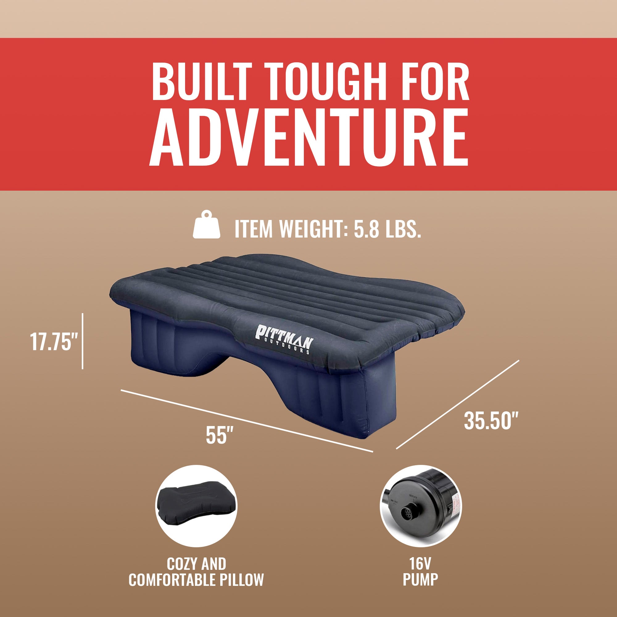 Pittman Outdoors Backseat Air Mattress, 55” Airbed for Mid-Size Vehicles, Black