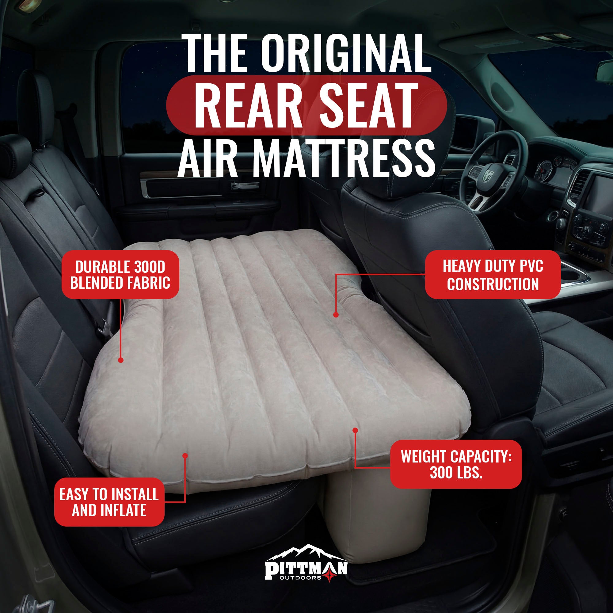 Pittman Outdoors Backseat Air Mattress, 55” Airbed for Mid-Size Vehicles, Tan - VMInnovations