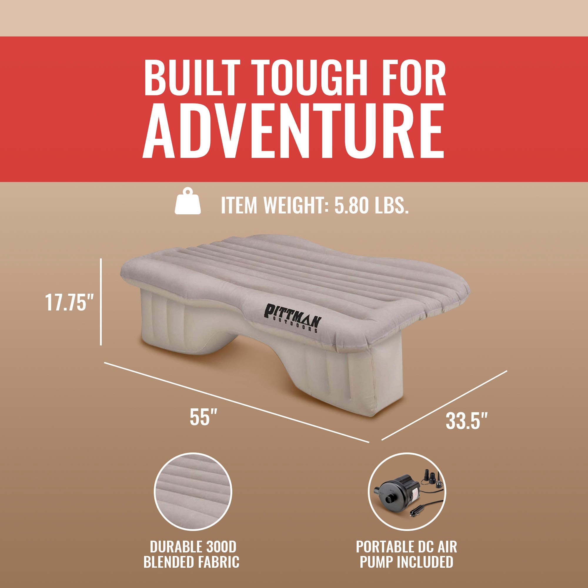 Pittman Outdoors Backseat Air Mattress, 55” Airbed for Mid-Size Vehicles, Tan - VMInnovations