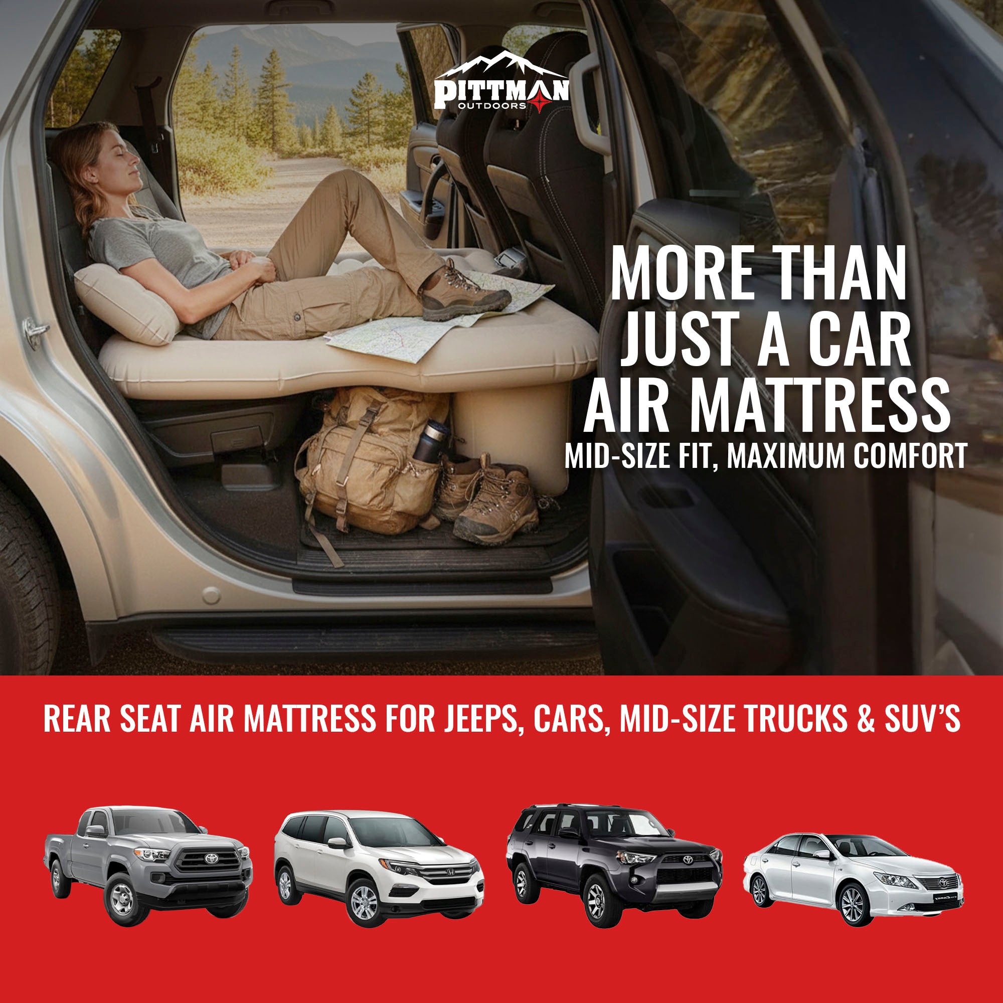 Pittman Outdoors Backseat Air Mattress, 55” Airbed for Mid-Size Vehicles, Tan - VMInnovations