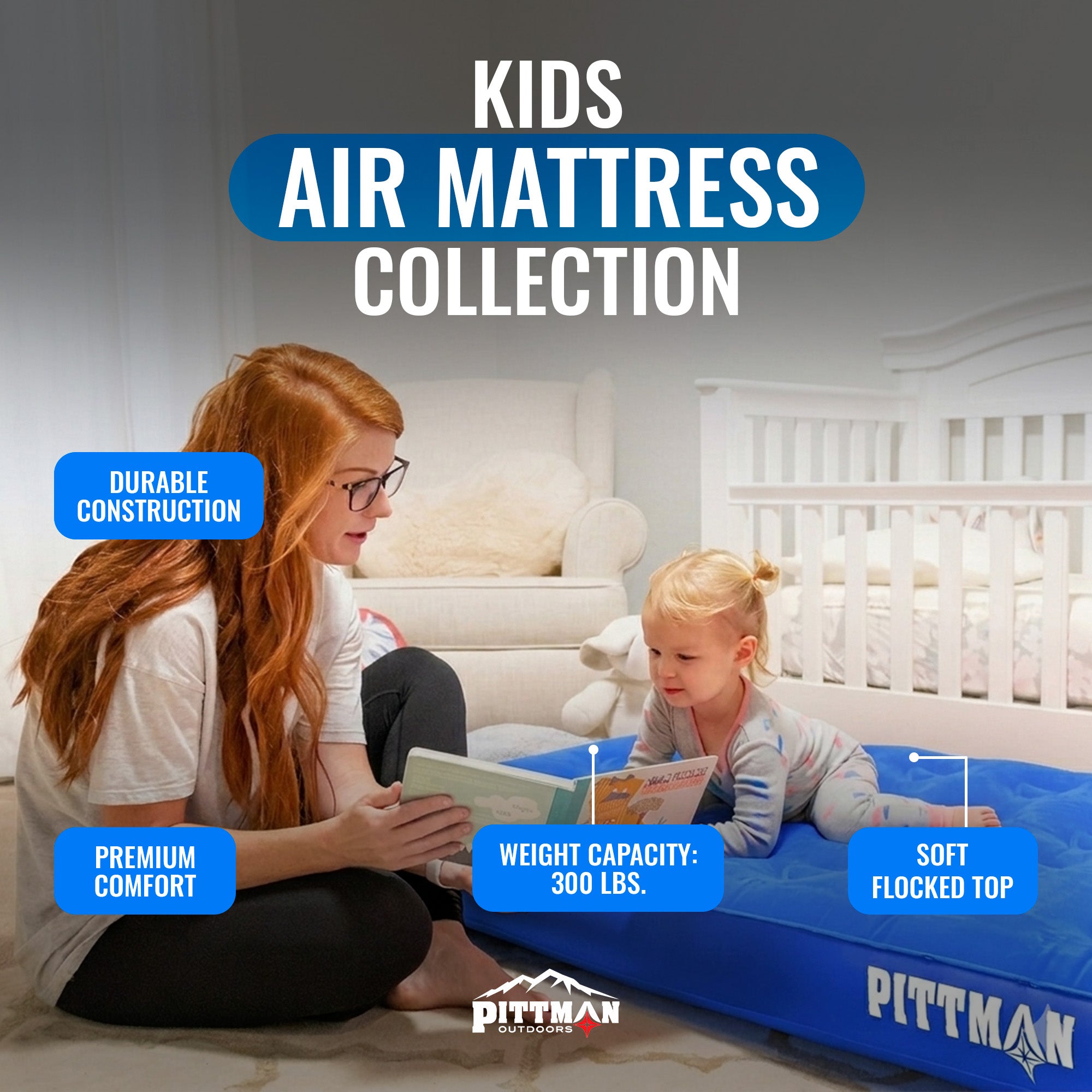 Pittman Outdoors Kids Air Mattress, 74" x 30" Air Bed w/ Pump & Backpack, Blue (Used) - VMInnovations