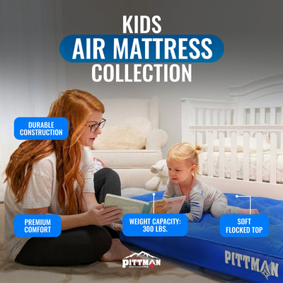Pittman Outdoors Kids Air Mattress, 74" x 30" Air Bed w/ Pump & Backpack, Blue (Used) - VMInnovations