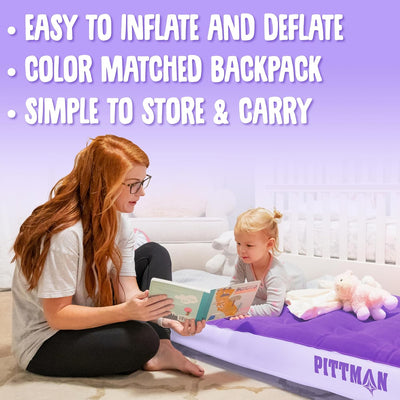 Pittman Outdoors Kids Air Mattress, 74" x 30" Air Bed W Pump/Backpack (Open Box)