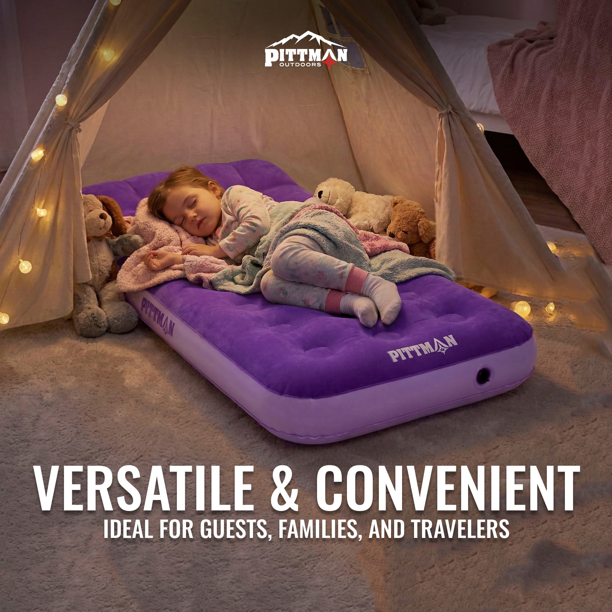 Pittman Outdoors Kids Air Mattress, 74" x 30" Air Bed w/ Pump & Backpack, Purple - VMInnovations