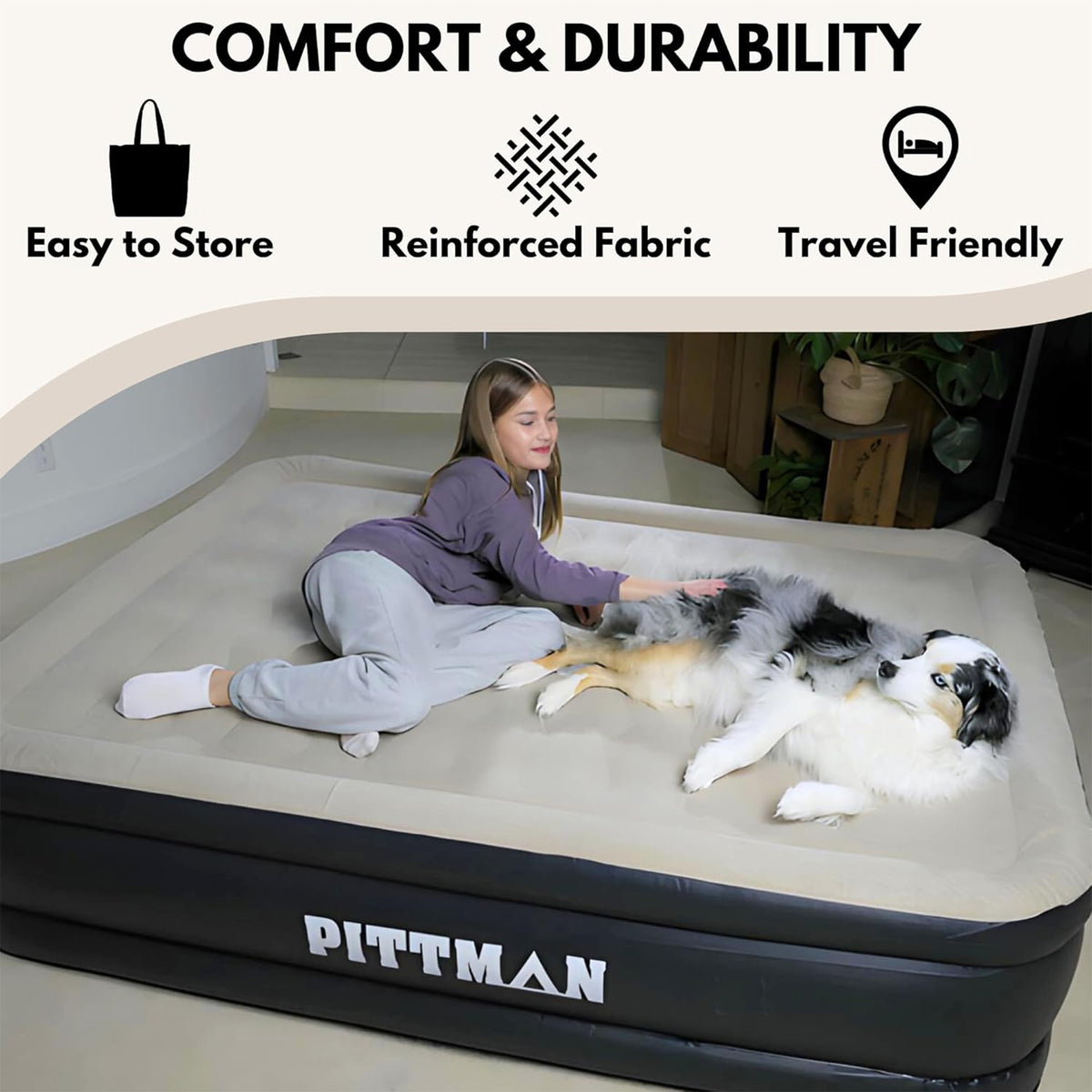 Pittman Outdoors Deluxe Double High Air Mattress, Built-InElectric Pump Open Box