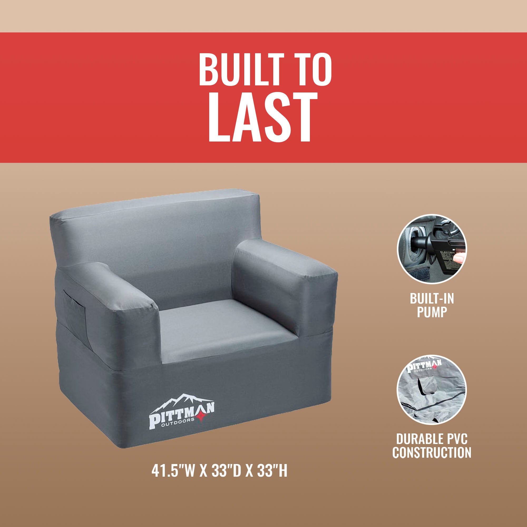 Pittman Outdoors Inflatable Chair with Built-in Pump, Portable Seat for Camping - VMInnovations