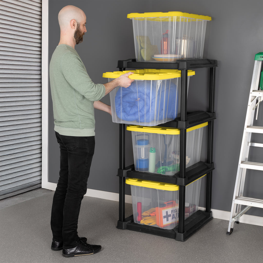 Sterilite 4 Tier Tote Rack Organizer with 4 Pack 27 Gal Industrial Storage Totes - VMInnovations