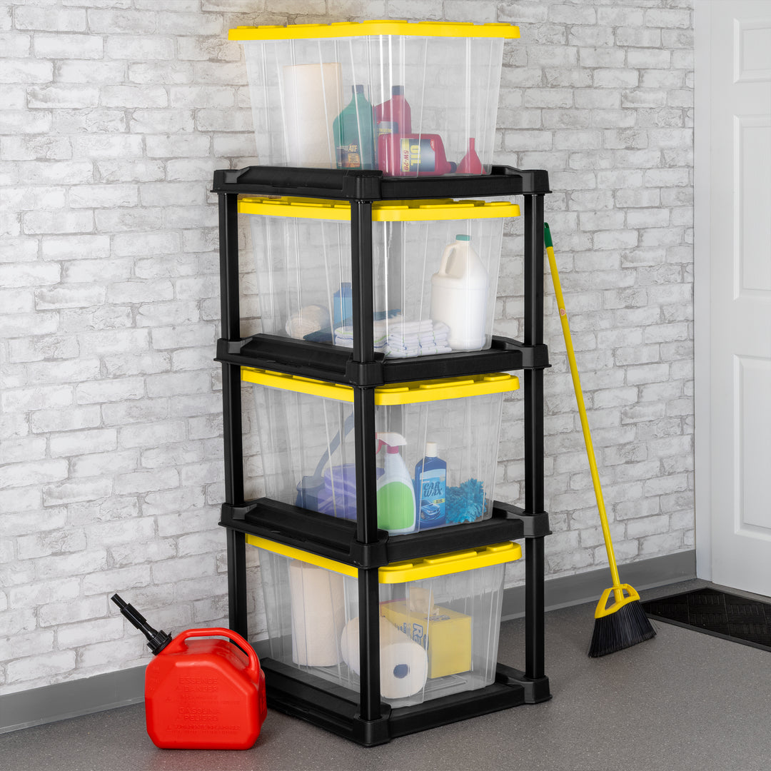 Sterilite 4 Tier Tote Rack Organizer with 4 Pack 27 Gal Industrial Storage Totes - VMInnovations