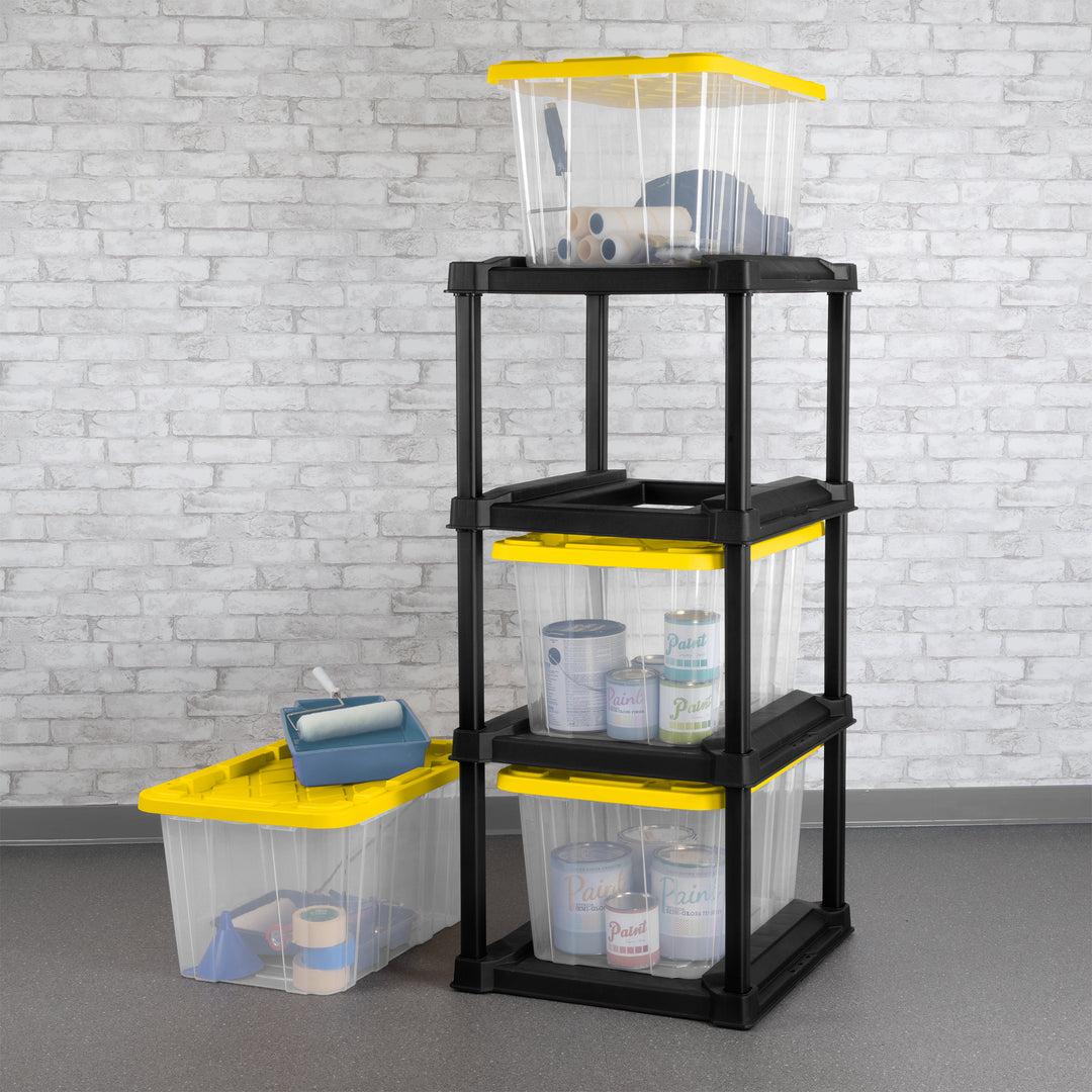 Sterilite 4 Tier Tote Rack Organizer with 4 Pack 27 Gal Industrial Storage Totes - VMInnovations