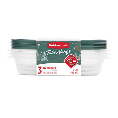 Rubbermaid Clear Food Storage Container with Lid, 4 Cup, Green, Pack of 3 (Open Box)