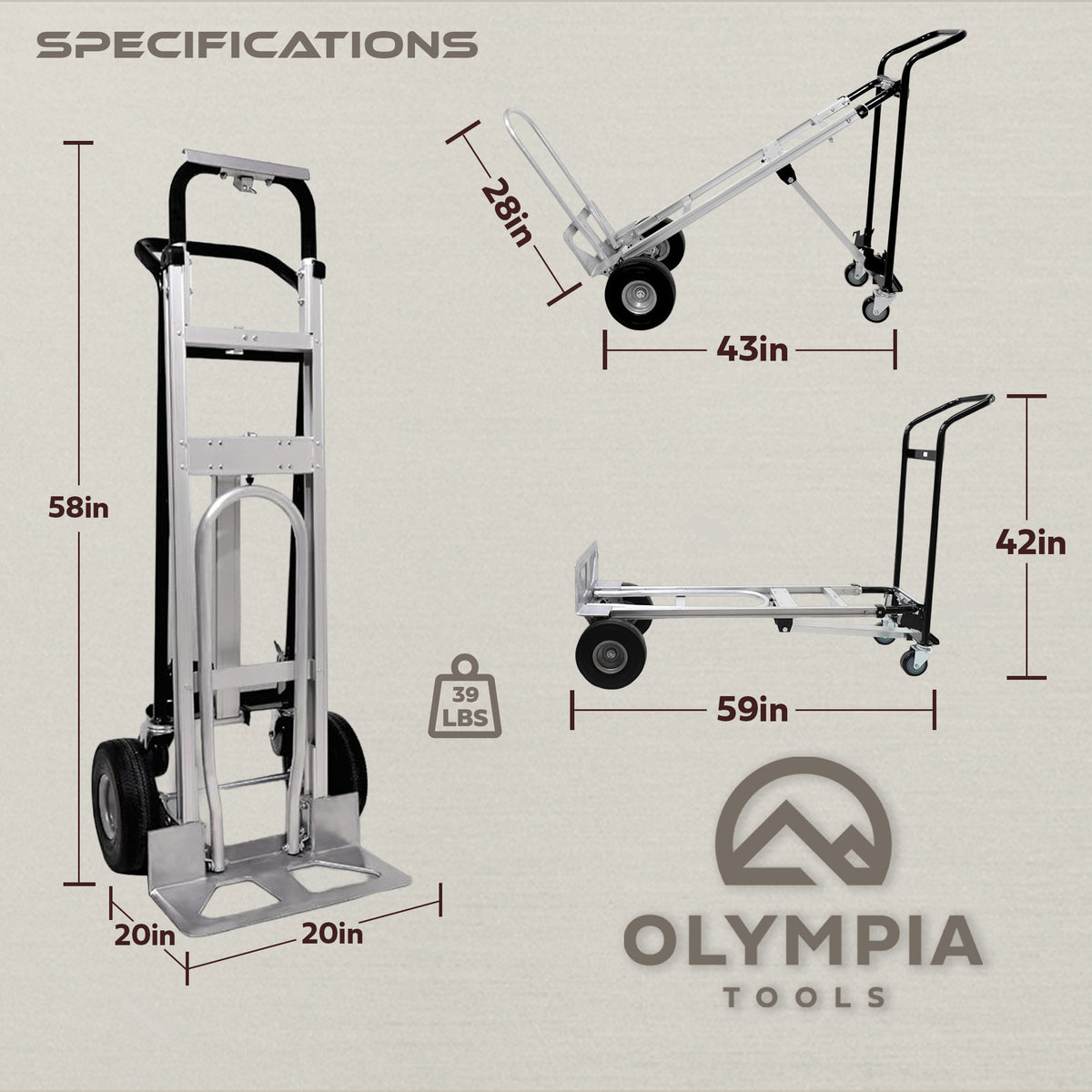 Olympia Tools 3-in-1 Aluminum Convertible Hand Truck, 4-Wheel Cart (For Parts)