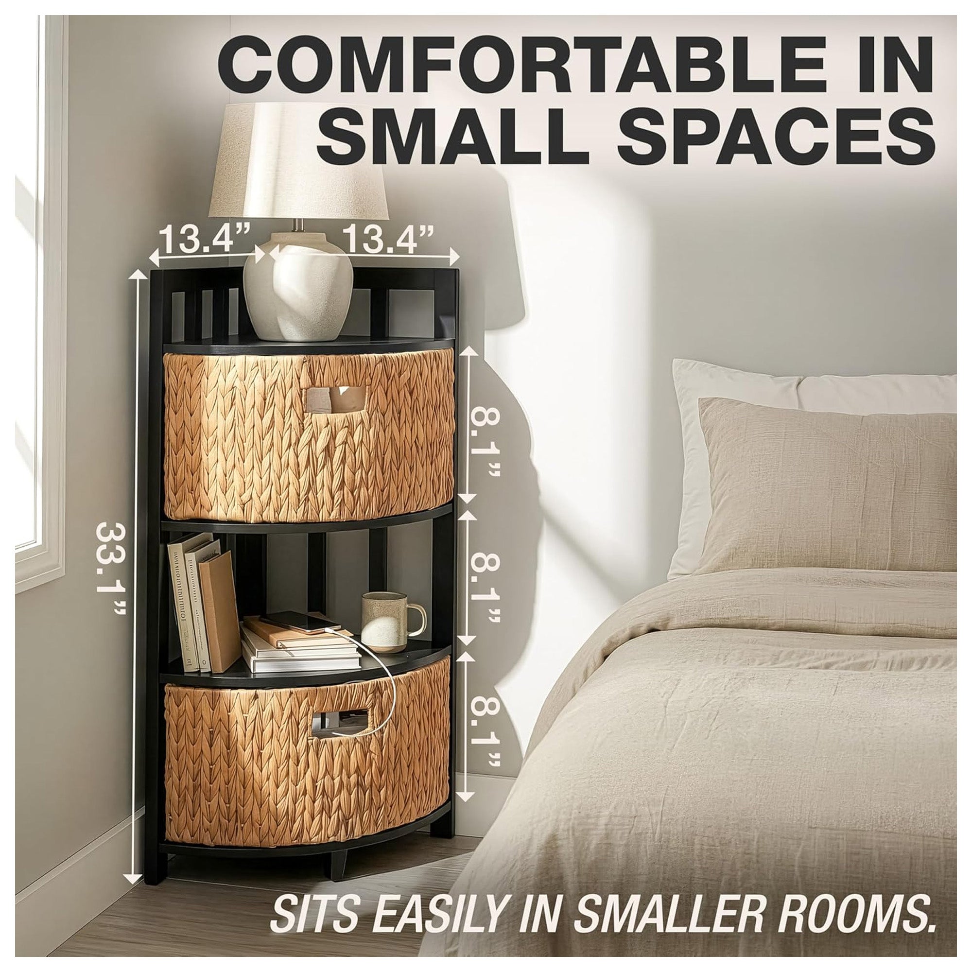Homestead 3-Tier Corner Storage Cabinet, Hand-Woven & Triangular Base (Used)