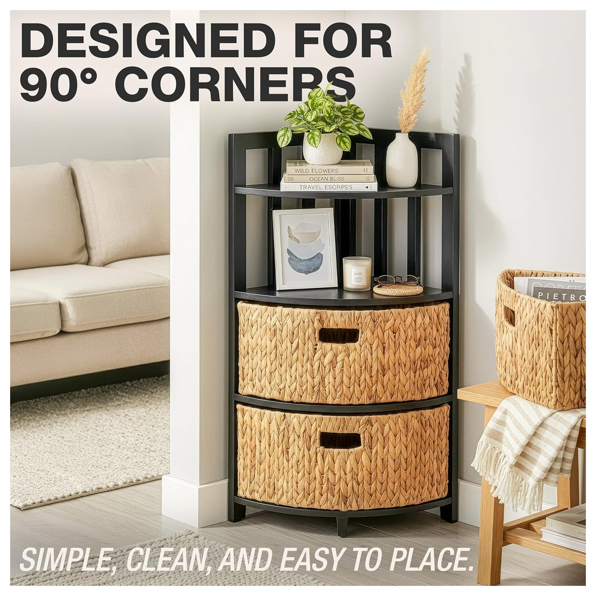 Homestead 3-Tier Corner Storage Cabinet, Hand-Woven & Triangular Base (Used)