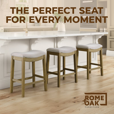 ROME + OAK Parker Backless Saddle Counter Stool, Natural, Cream Upholstery, 3 Pack