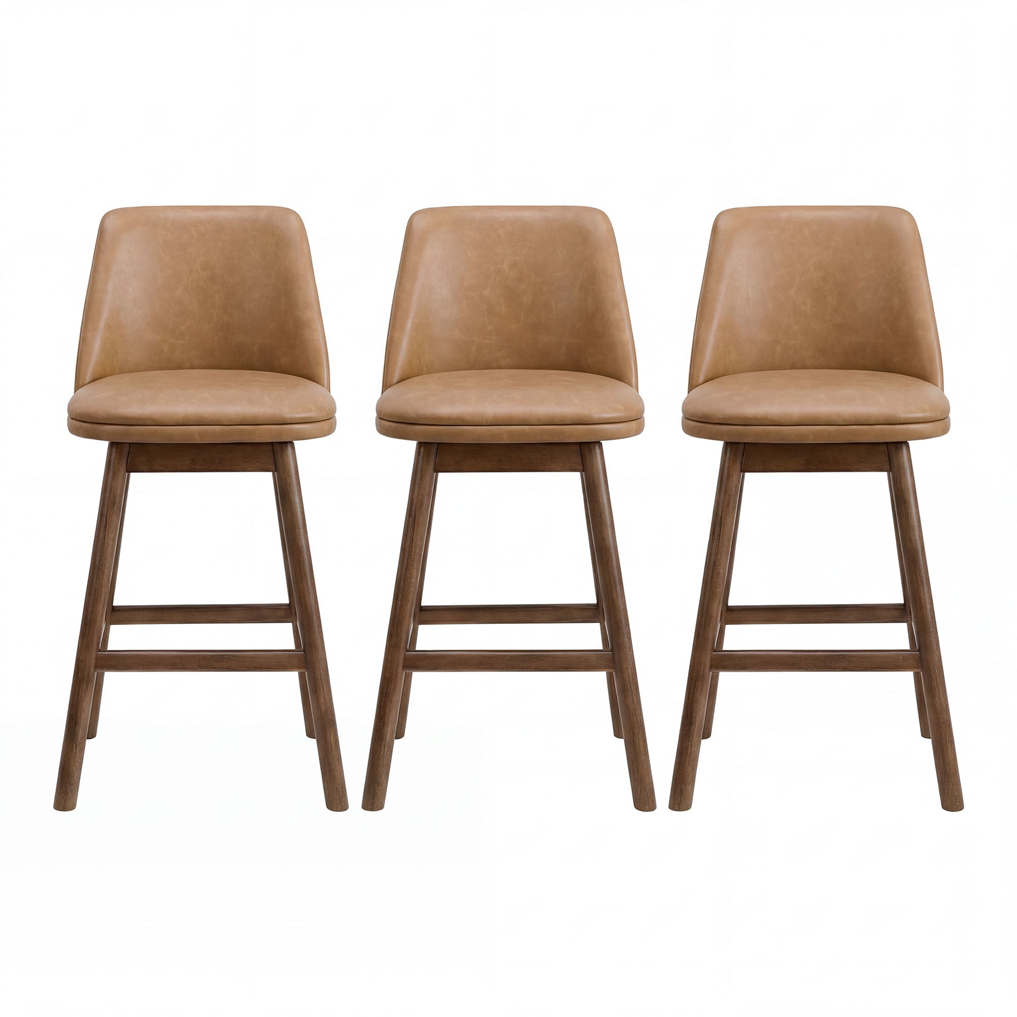 ROME + OAK Rowan 26" Swivel Counter Stool, Walnut Finish & Brown Leather, 3 Pack