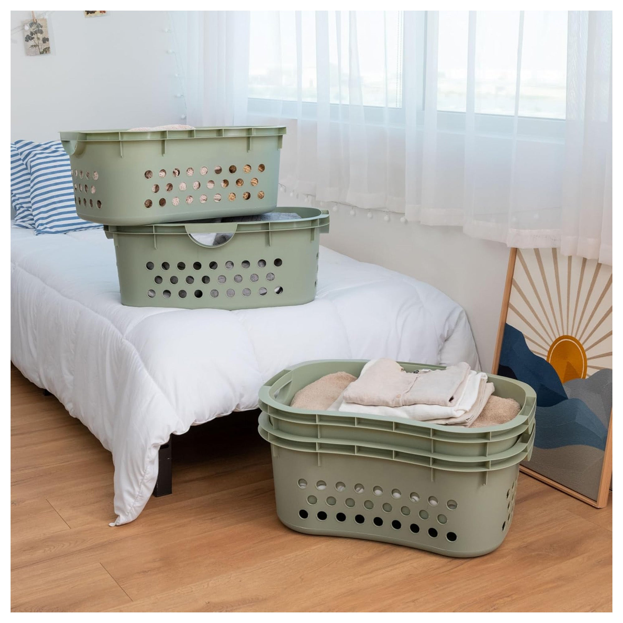 IRIS 4 Pack Comfort Carry Lightweight Laundry Basket w/ Ergonomic Curves, Green (Open Box)