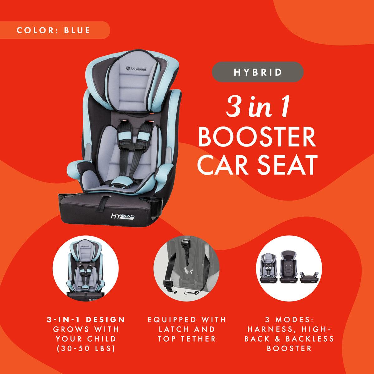 Baby Trend Hybrid 3-in-1 Booster Car Seat with 5-Point Safety Harness, Blue