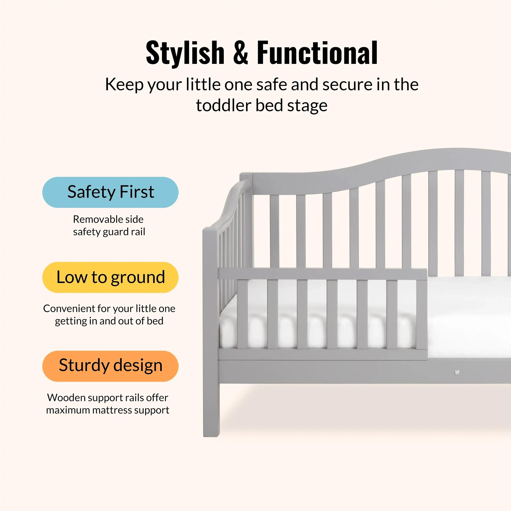 Dream on Me Austin Toddler Day Bed, Low-Profile Pinewood Frame, Pebble Grey