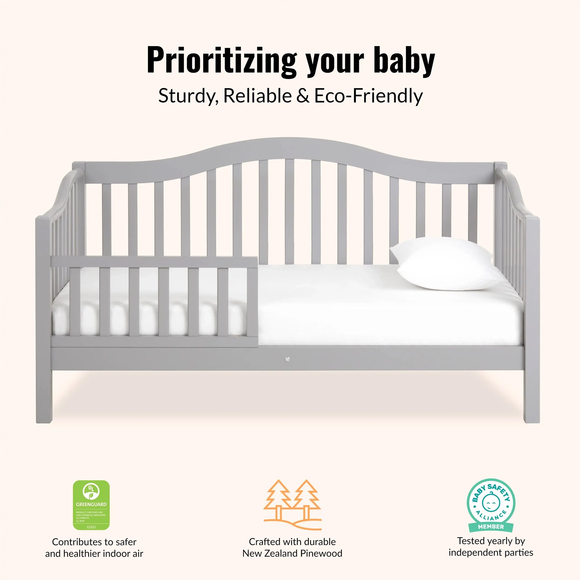 Dream on Me Austin Toddler Day Bed, Low-Profile Pinewood Frame, Pebble Grey