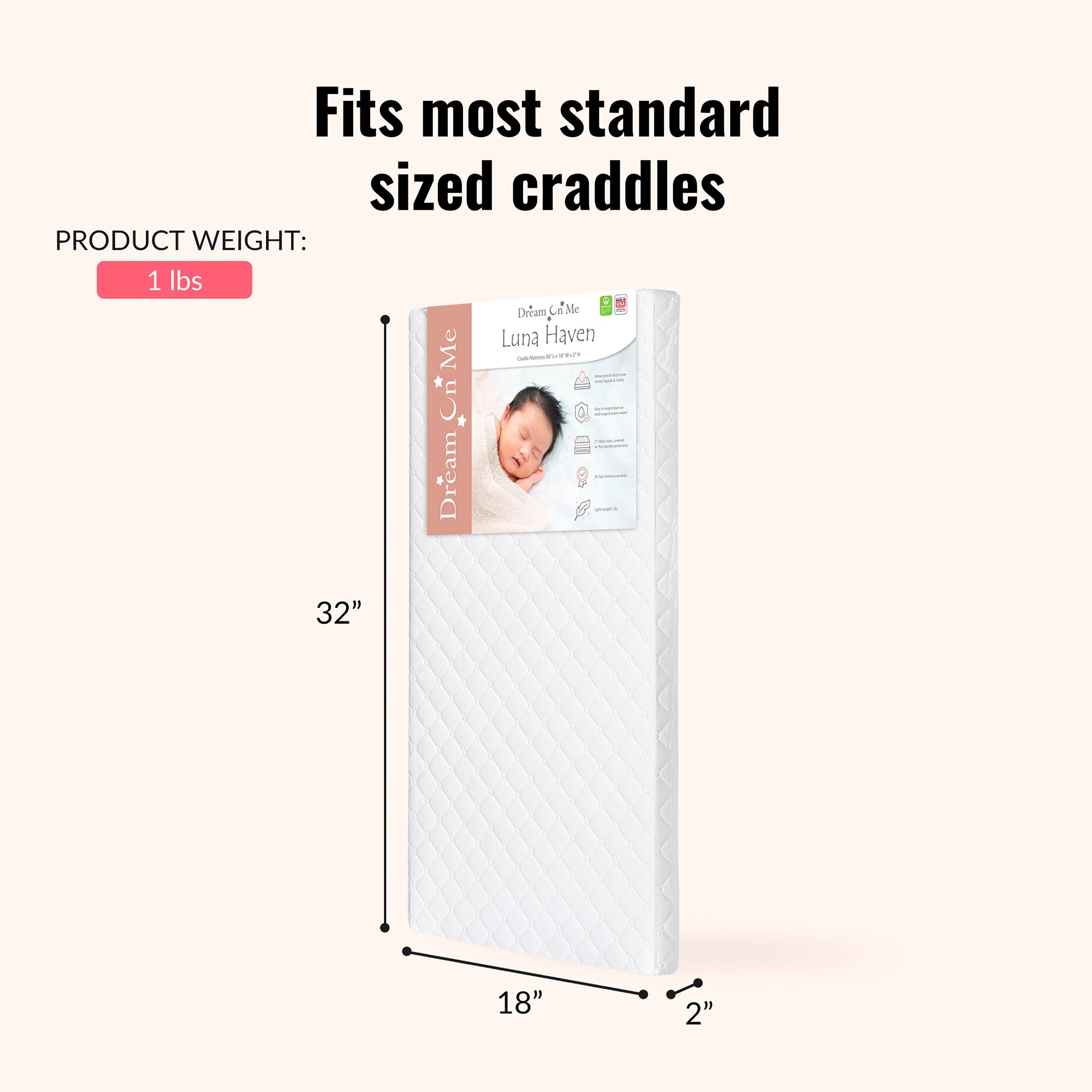 Dream on Me Holly 2 Inch Portable Crib Mattress, 36x18, Waterproof Cover