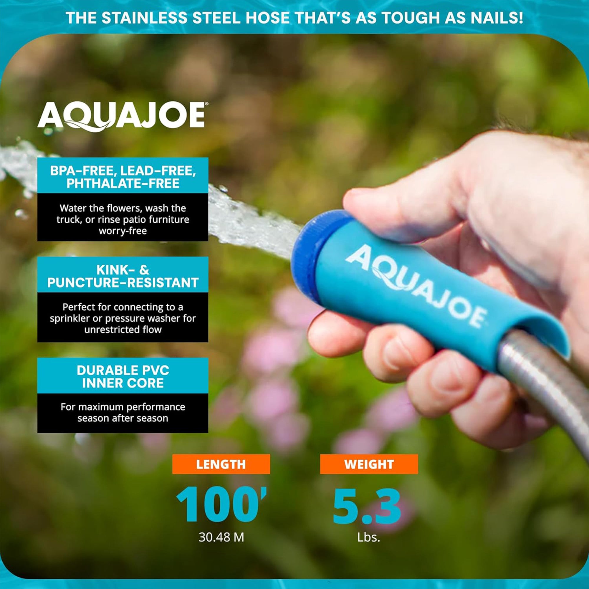 Aqua Joe 100 Ft Heavy Duty Stainless Steel Garden Hose, 1/2" Diameter (Open Box)