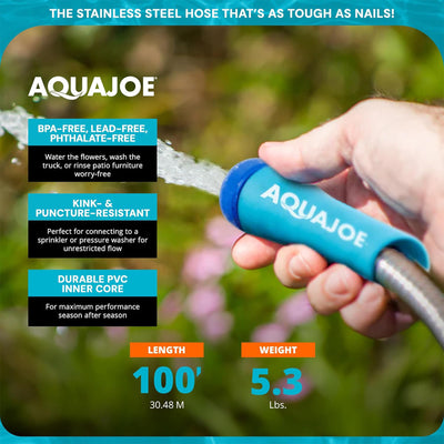Aqua Joe 100 Ft Heavy Duty Stainless Steel Garden Hose, 1/2" Diameter (Open Box)