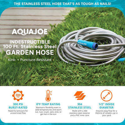 Aqua Joe 100 Ft Heavy Duty Stainless Steel Garden Hose, 1/2" Diameter (Open Box)