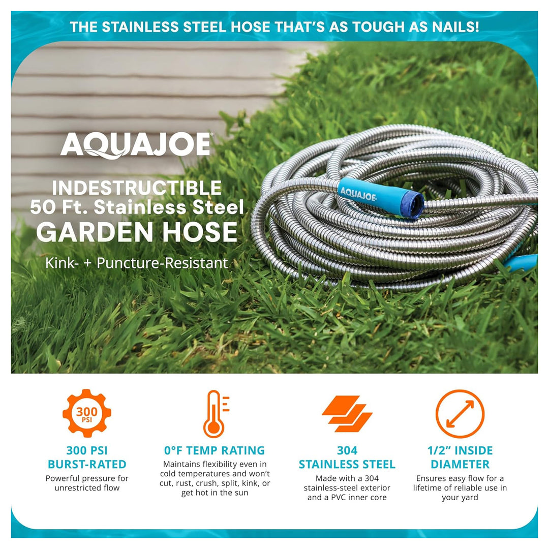 Aqua Joe 50 Ft Heavy Duty Stainless Steel Garden Hose, 1/2" Diameter, AJSGH50 - VMInnovations