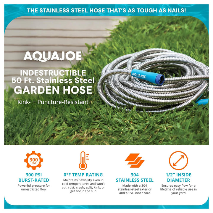 Aqua Joe 50 Ft Heavy Duty Stainless Steel Garden Hose, 1/2" Diameter, AJSGH50 - VMInnovations
