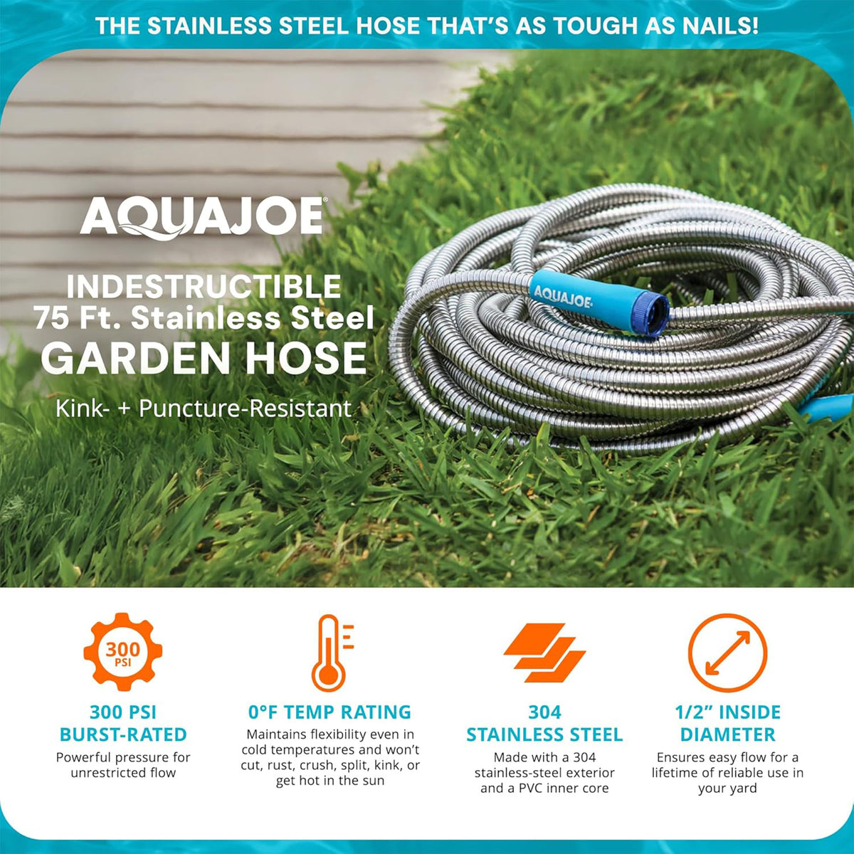 Aqua Joe 75 Ft Heavy Duty Stainless Steel Garden Hose, 1/2" Diameter (Open Box) - VMInnovations