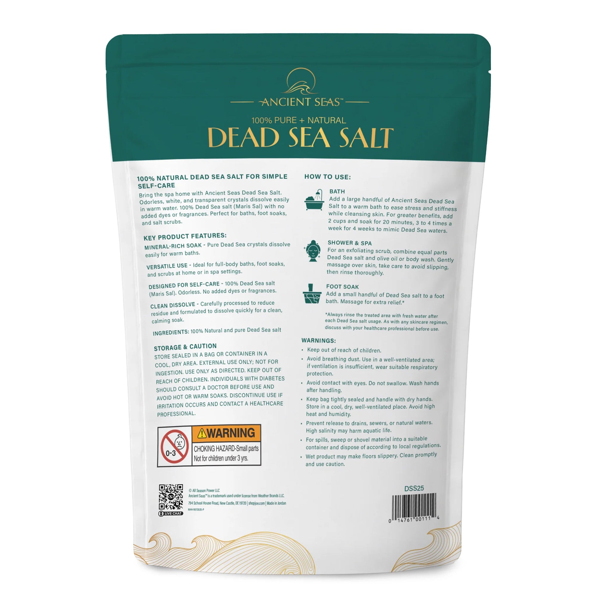 Ancient Seas Dead Sea Salt, Fast-Dissolving for Bath Soaks & Spa Use, 25 Lb Bag - VMInnovations