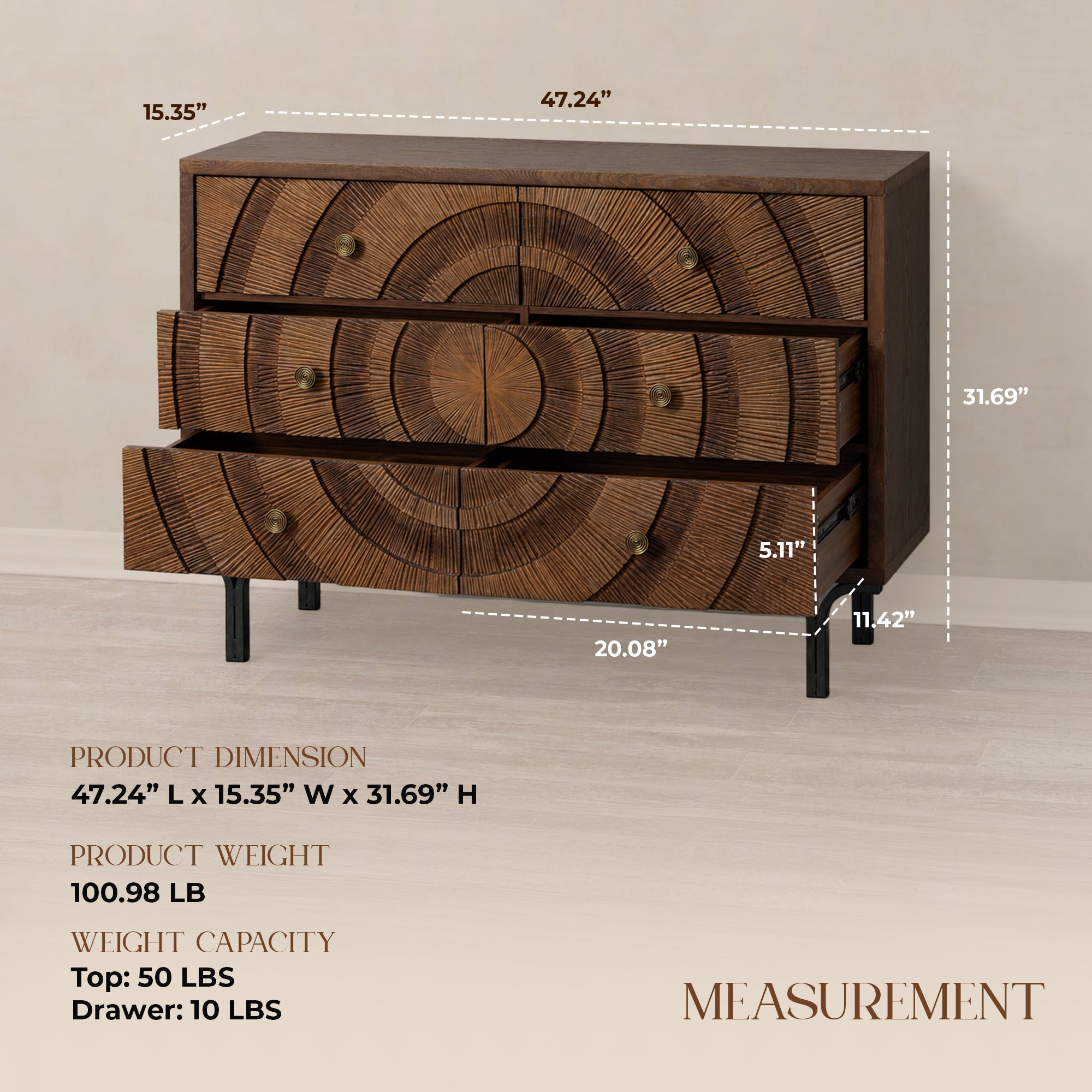 Aoikax Farmhouse 6-Drawer Dresser, Wooden Storage Chest with Circle Pattern