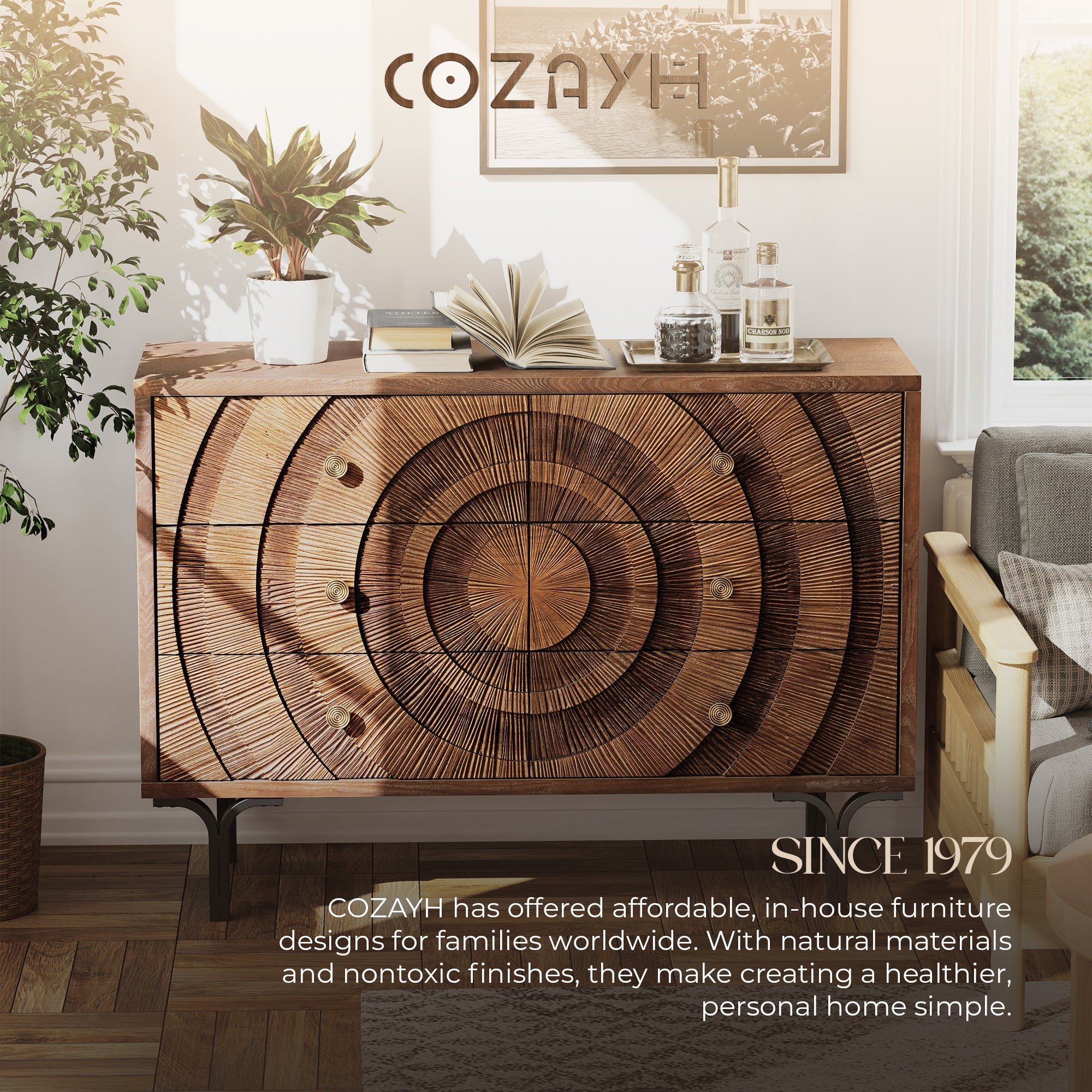 Aoikax Farmhouse 6-Drawer Dresser, Wooden Storage Chest with Circle Pattern