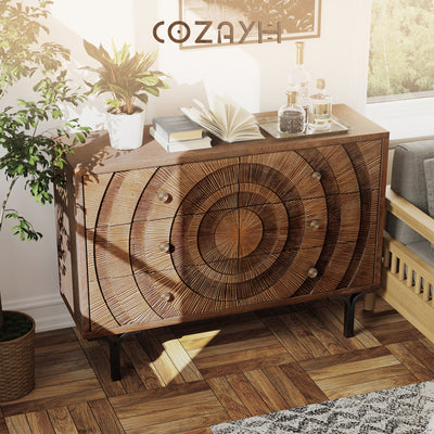Aoikax Farmhouse 6-Drawer Dresser, Wooden Storage Chest with Circle Pattern