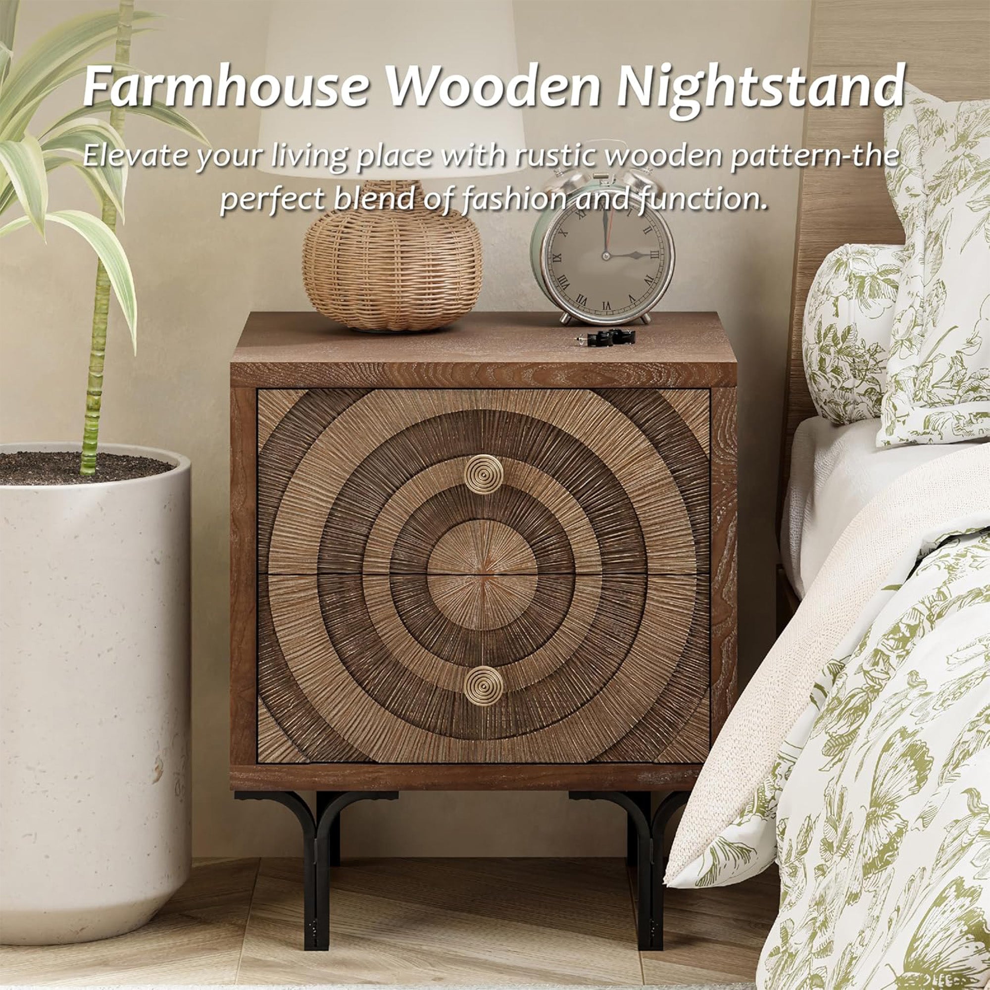 Aoikax Farmhouse 2-Drawer Dresser, Wooden Storage Chest with Circle Pattern