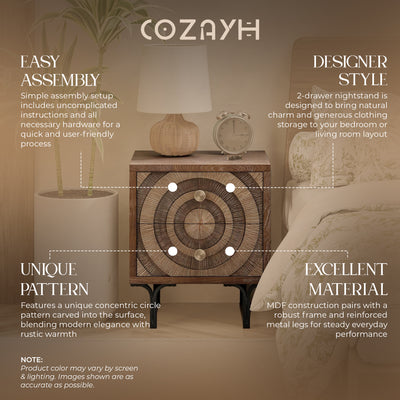 Aoikax Farmhouse 2-Drawer Nightstand, Wooden Storage Dresser with Circle Pattern