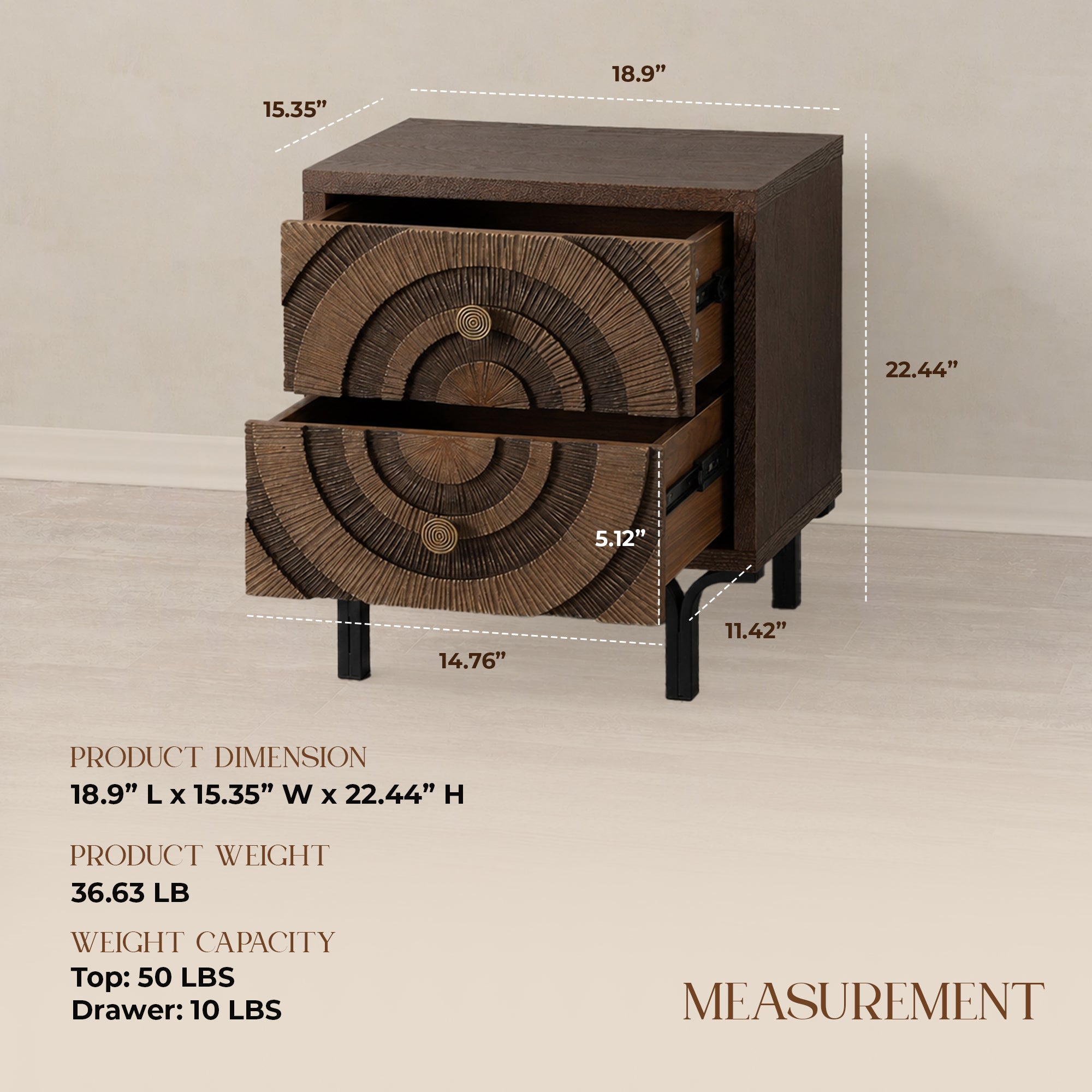 Aoikax Farmhouse 2-Drawer Nightstand, Wooden Storage Dresser with Circle Pattern