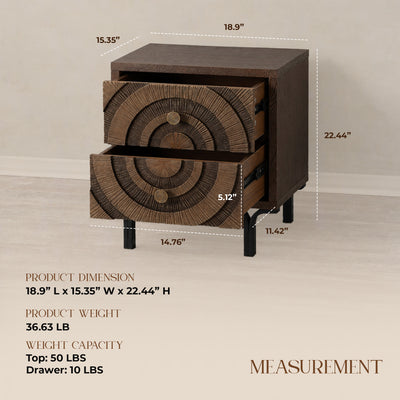 Aoikax Farmhouse 2-Drawer Nightstand, Wooden Storage Dresser with Circle Pattern
