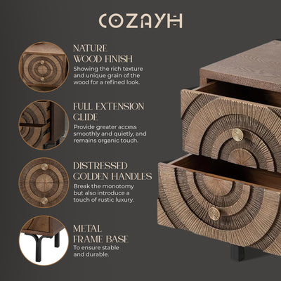 Aoikax Farmhouse 2-Drawer Nightstand, Wooden Storage Dresser with Circle Pattern