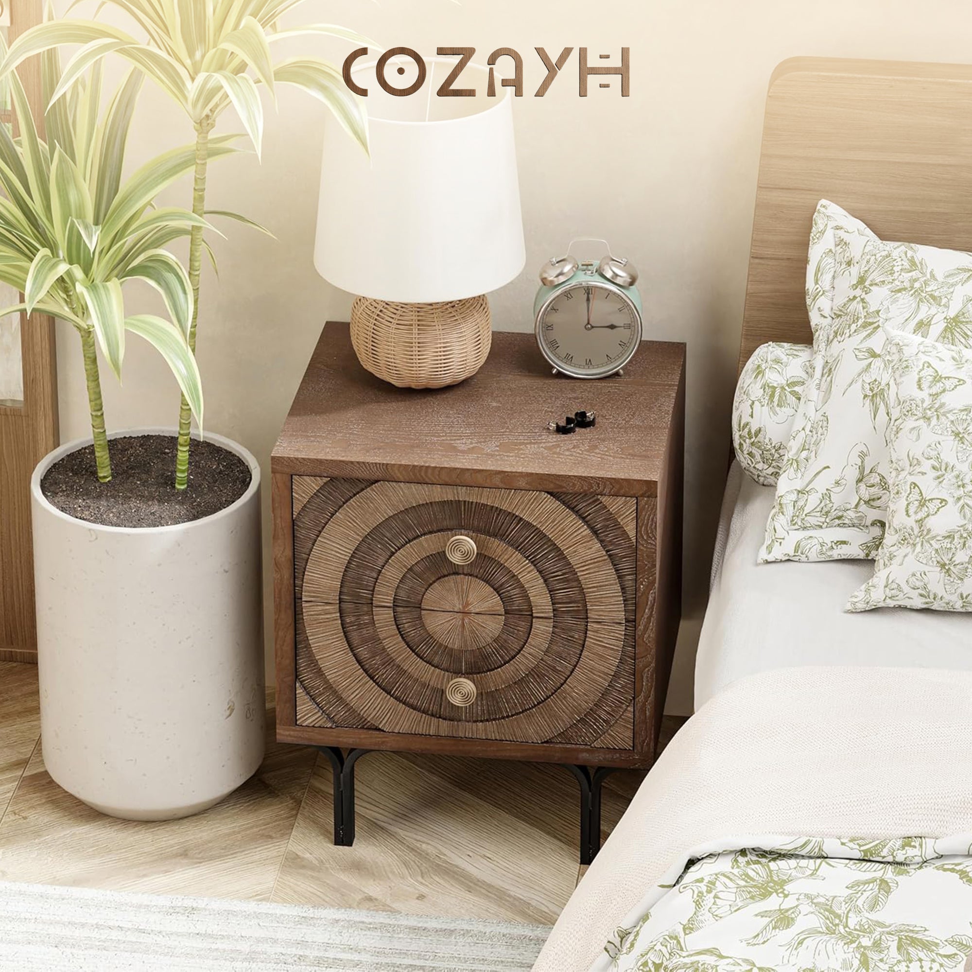 Aoikax Farmhouse 2-Drawer Nightstand, Wooden Storage Dresser with Circle Pattern