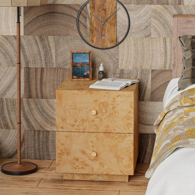 Aoikax Modern 2-Drawer Nightstand, Burl Finish Bedside Storage Table, Brown